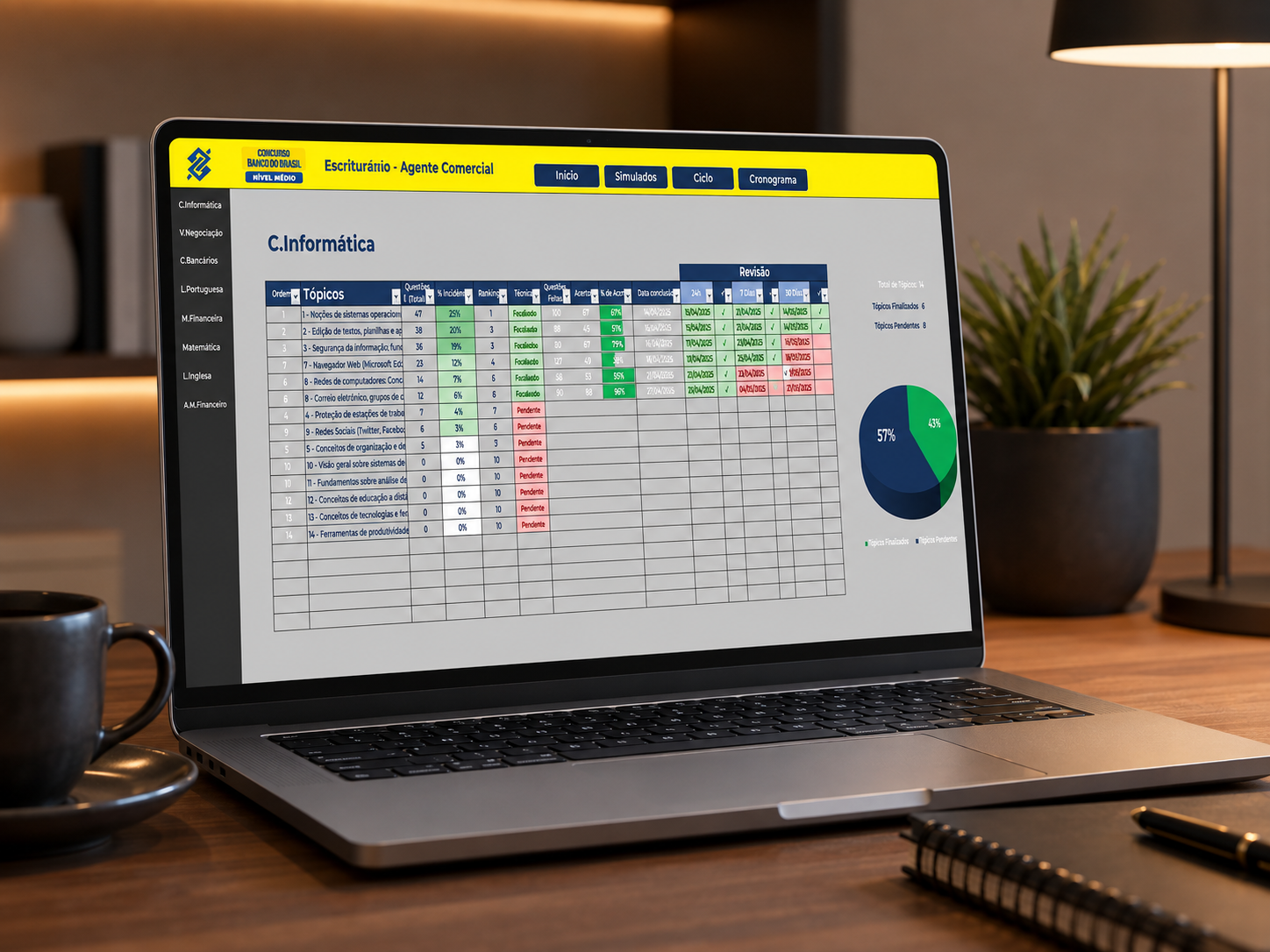 Notebook exibindo a Planilha Estratégica BB com tópicos do edital e gráfico de progresso